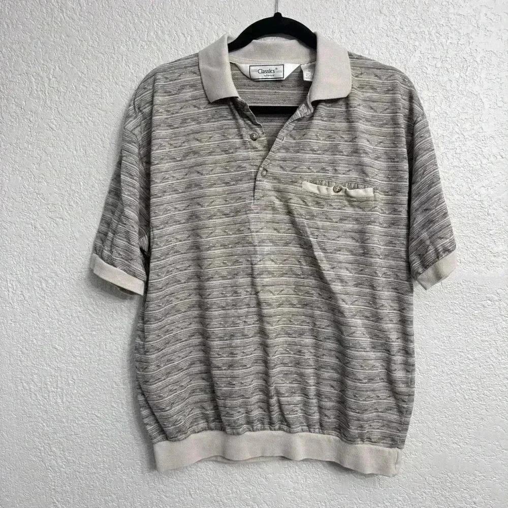 Vintage Palmland Textured Knit Polo Shirt Taupe Gray Banded Hem Size L